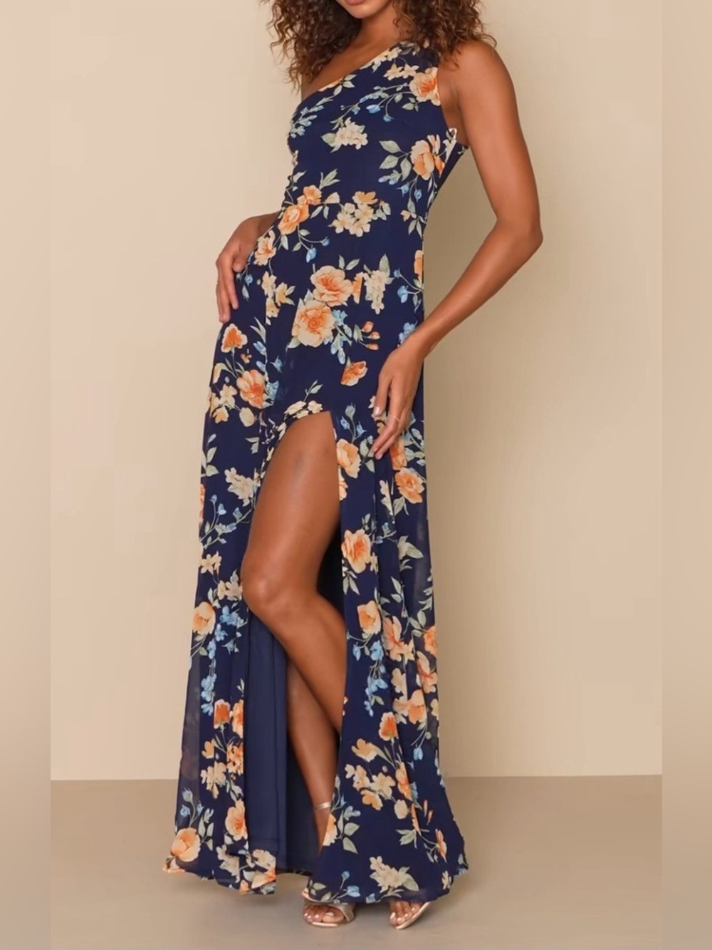 NWT Lulus Elegant Admiration Navy Blue Floral One-Shoulder Maxi Dress